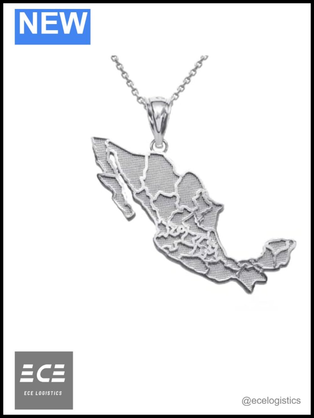 925 Sterling Silver Mexico Map Pendant Necklace 16"